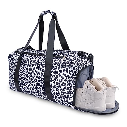 Amythe Kleine Reisetasche Damen Weekender, Sport Taschen Damen Gym Bag 30L, Faltbare Sporttasche mit Schuhfach, Schwimmtasche（Leopard）