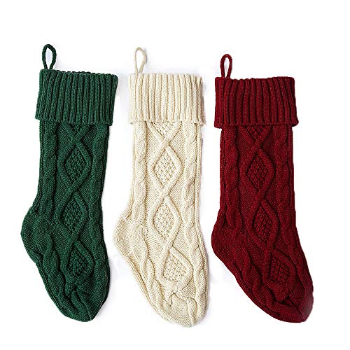 Aicos Christmas Knit Stockings, 3 Pack, Large Xmas Stockings Classic Burgundy Red Ivory White Green Chunky Hand Stockings Gift Socks Holders (18")