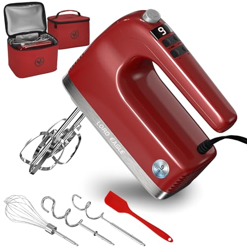 Image of Lord Eagle 9-Speed Digital Hand Mixer Electric Handheld, 500W DC Motor Kitchen Mixer for Cake Baking, Lightweight Egg Beaters with Stain-resistant & Waterproof Storage Bag & 6 Accessories, Red