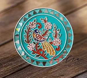 Engineered Wood Chitra Artworks_Handmade Mud Round Mirror Painting For Wall Decor (12 X 12 Inches Pack Of 1) (Bird), Multicolour
