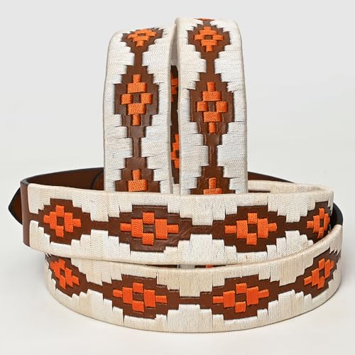 Western Brown Full Grain Genuine Leather Men & Women Belt Embroidered White & Orange with Removable Buckle2