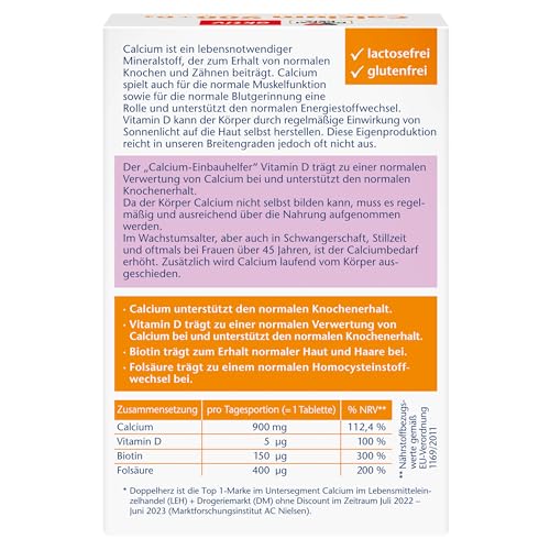 Doppelherz Calcium 900 + D3 + Biotin – Calcium leistet einen Beitrag zum normalen Knochenerhalt und zur normalen Muskelfunktion – 30 Tabletten
