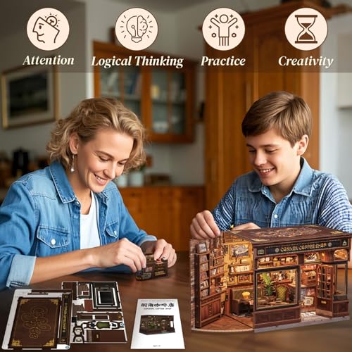 Image of CUTEBEE Book Nook Kit - Coffee Shop Miniature House Build Yourself | 3D Wooden Puzzle & Bookend - Bookshelf Decoration & Gift (Corner Coffee Shop)