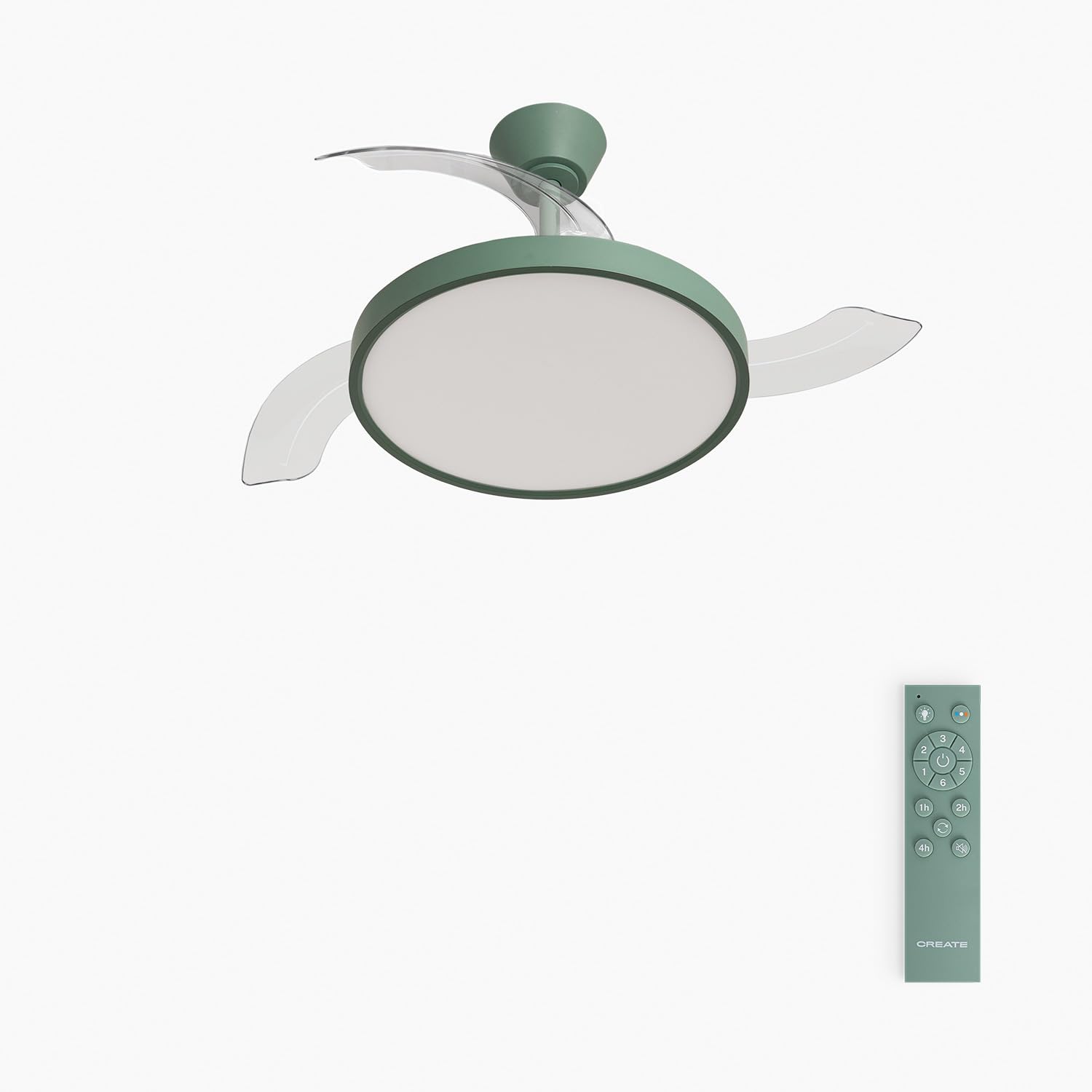 CREATE / WIND CLEAR STUDIO S/​Ventilador de techo con luz verde sage con mando / 40W, Temporizador, Ø 91 cm, 6 velocidades, aspas retráctiles, 3 temperaturas de luz, función verano-​invierno