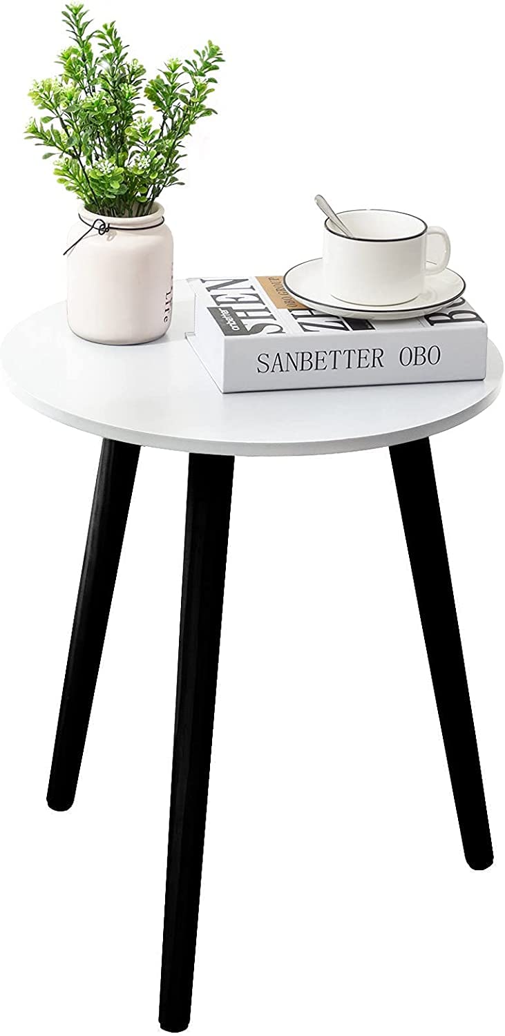 Round Side Table, Nightstand Coffee End Table for Living Room, Bedroom, Small Spaces, Easy Assembly Modern Home Decor Bedside Table with Natural Wood Legs (White & Black)