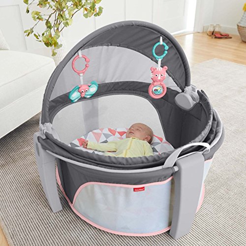 Fisher-Price Portable Bassinet And Play Space On-The-Go Baby Dome With Developmental Toys And Canopy, Rosy Windmill, Grey/Pink #TOP2