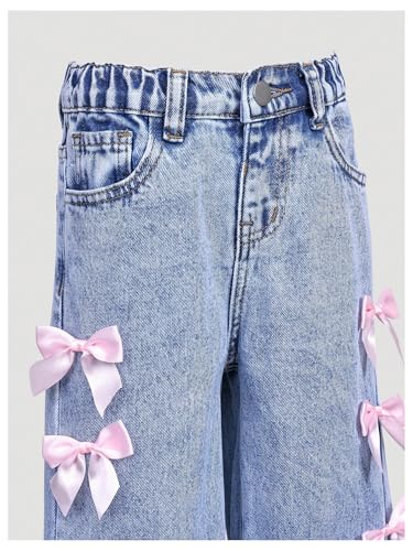 WDIRARA Toddler Girl's Y2k Bow Jeans Elastic High Waisted Wide Leg Denim Pants3