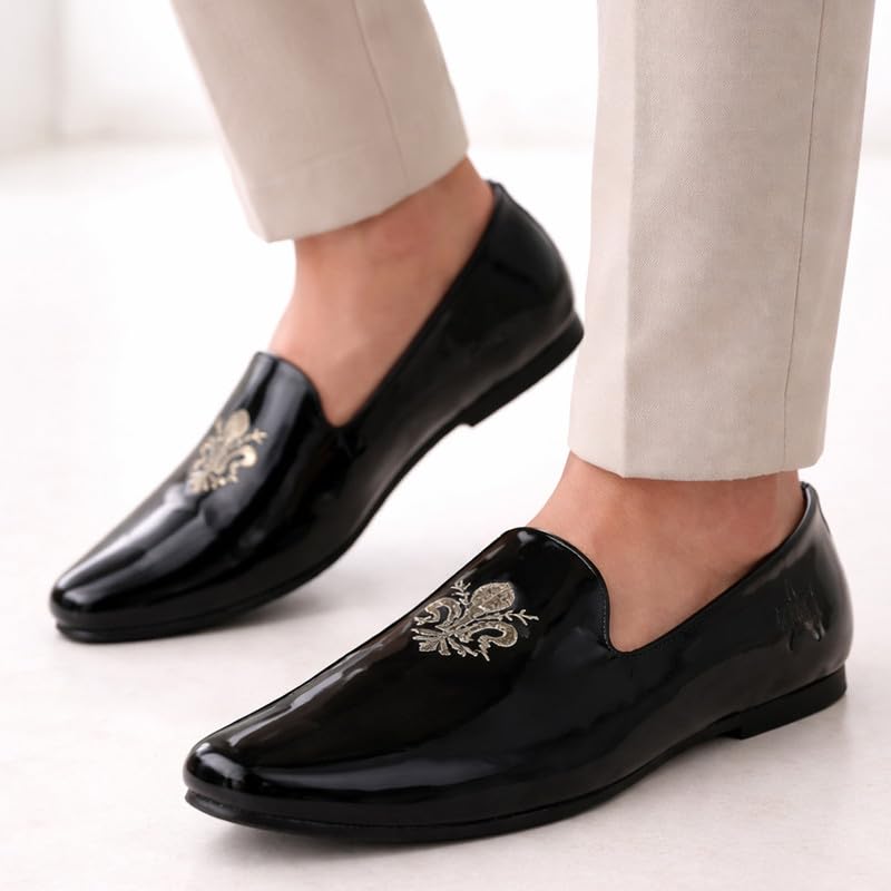 Image of FAUSTO Men's Patent Glossy Ethnic Embroidered Design Slip On Shiny Juttis & Mojaris for Party|Wedding|Festival