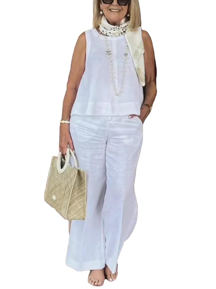 Geleglaer Womens Plus Size Cotton Linen 2 Piece Outfits Summer Dressy Casual Tank Tops and Palazzo Pants Suits