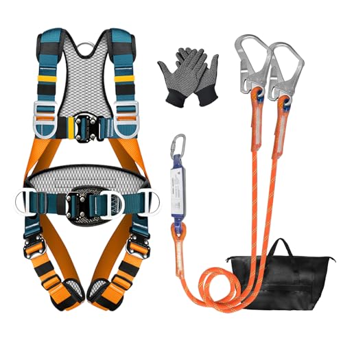 Arnés de seguridad completo con doble cuerda con absorbedor, carga 140 kg, acolchado transpirable, hebillas rápidas, arnes seguridad para tejados, escalada, construcción, trabajos en altura, hombre