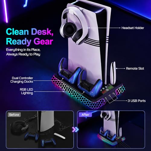 Image of PS5 Stand with Hexagon RGB Aesthetics,PS5 Cooling Station for PlayStation 5 Slim Pro Disc Digital Console with Cooling Fan,Dual Controller Fast Charger USB Hub Headset Holder Game Storage (Black)