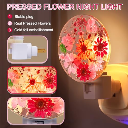 Image of Glooglitter Pressed Flower Night Light Plug in-Handmade Dried Floral Wall Night Light, Soft Glow Decorative Nightlight for Hallway Bedroom Nursery Bathroom, Vintage Botanical(Red,Flower)