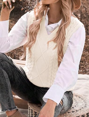 Image of Women's Sweater Vest,Long Cable Loose Knitted Sleeveless V Neck Casual Sweaters Tank Top S~XL