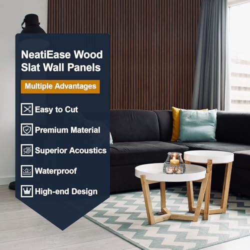 Image of NeatiEase Wood Panels for Wall, 4-Piece 96 inch x 12.6 inch Soundproof Wood Slat Wall Panel for Interior Wall Decor Noise Cancelling, Wood Acoustic Wall Panels, Sound Absorbing Panel (Rustic Walnut)