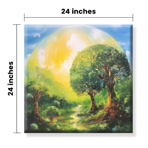 Image of EXSHA Vibrant Fantasy Forest Canvas Wall Painting with Radiant Sun & Lush Green Trees|Serene Nature Landscape Art for Living Room, Bedroom, Office Decor|Nature Painting for Wall Decoration|24x24 Inch