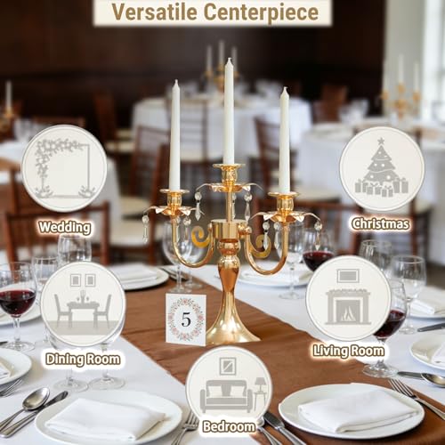 Image of Metal 3 Arm Candelabra with Crystal Pendants - 11.8 Inch Tall Candle Holders, Set of 2 - Elegant Taper Candlestick Stand for Wedding, Dining Table, Christmas Party Home Decoration (2, Gold)