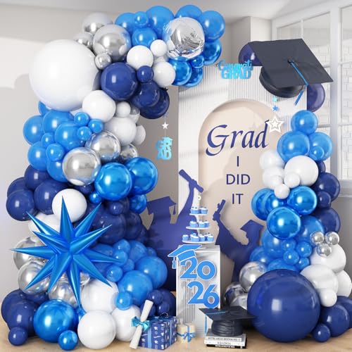 Image of Graduation Balloon Arch Kit 2026 Blue and White Balloon Garland Royal Blue White Silver Balloons with Star Foil for Congrats Grad Class Retirement Prom Birthday Baby Shower Wedding Party Decorations
