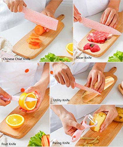 Bonaweite Pink Knife Set, Pink Knife Set With Block, Pink Kitchen Knife Set, Pink Kitchenware Knives, Chef Pink Cooking Knife Set, Wheat Straw Stainless Steel Pink Knives Kitchen Ware #TOP4