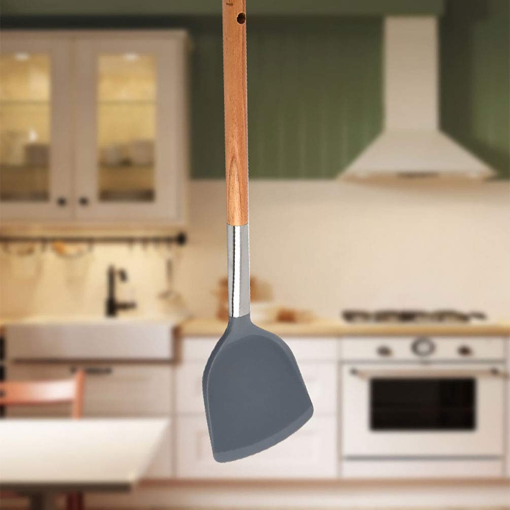 Pala de silicona antiadherente con mango largo de madera, utensilios de cocina resistentes al calor, espátula wok de 13.7 pulgadas