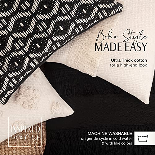 Inspired Ivory Decorative Boho Throw Pillow Covers 18X18 Inch Set Of 4 - Woven Tufted & Tassel Modern Farmhouse Square Pillow Cases - Cushion Cover For Couch Bedroom Living Room (Luxe - Black & Cream) #TOP2
