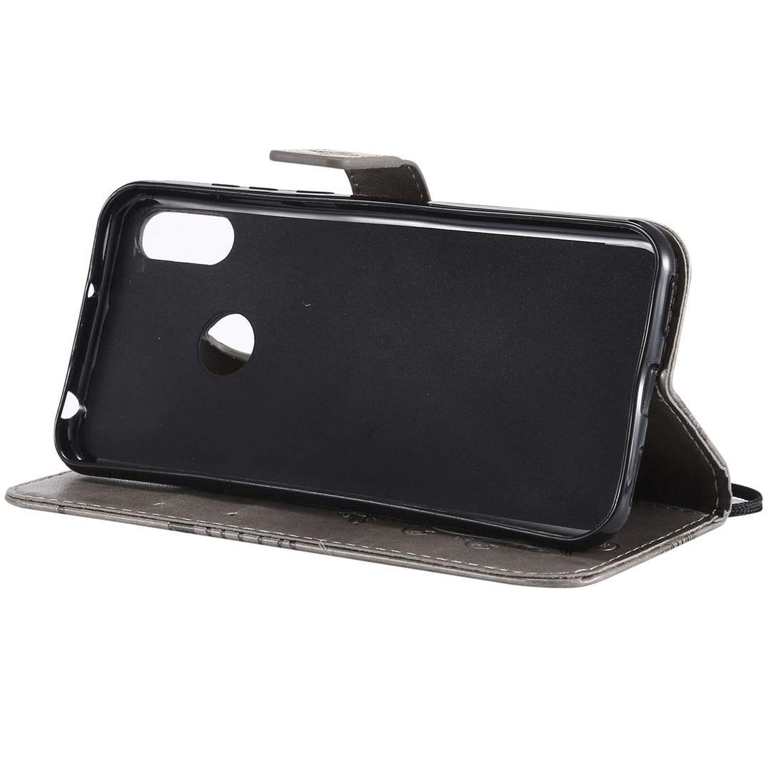 Huawei Y6 2019 Custodia, SATURCASE Farfalla Cuoio PU Magnetico Portafoglio [Slot per schede] [Cinturino a mano] Supporto protettivo Custodia Case per Huawei Y6 2019 / Y6 Prime 2019 (Grigio
