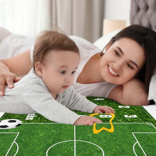 Image of Soccer Theme Baby Monthly Milestone Blanket Football Sports Nursery Decor Photography Background Newborn Growth Record Prop 60 inchx40 inch with Frames