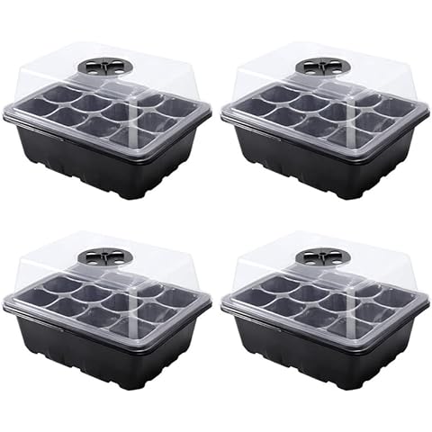hardinox Seed Trays, 4 Pack 48 Cells Seed Trays for Seedlings Reusable Seed Trays with Lids Propagator Tray Growing Starter Tray, Germination Trays Kit Plastic for Greenhouse/Garden (Black) Cover