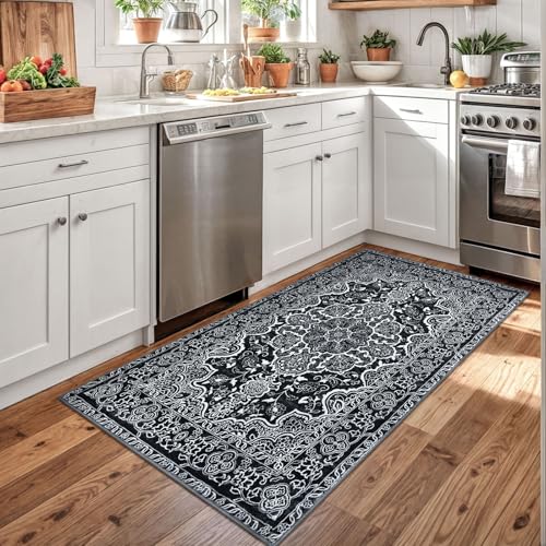 KUTA Vintage Floral Area Rug 3x5 ft, Washable Non-Slip Soft Kitchen Rugs, Low-Pile Entry Throw Carpet for Living Room, Bedroom, Nursery Black