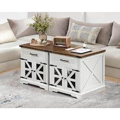 RALGEND White Farmhouse End Table Set of 2, 24" Large Sofa Side Table with Drawer, Large End Table for Living Room, Wooden Nightstand with Charging Station, Square, White and Walnut