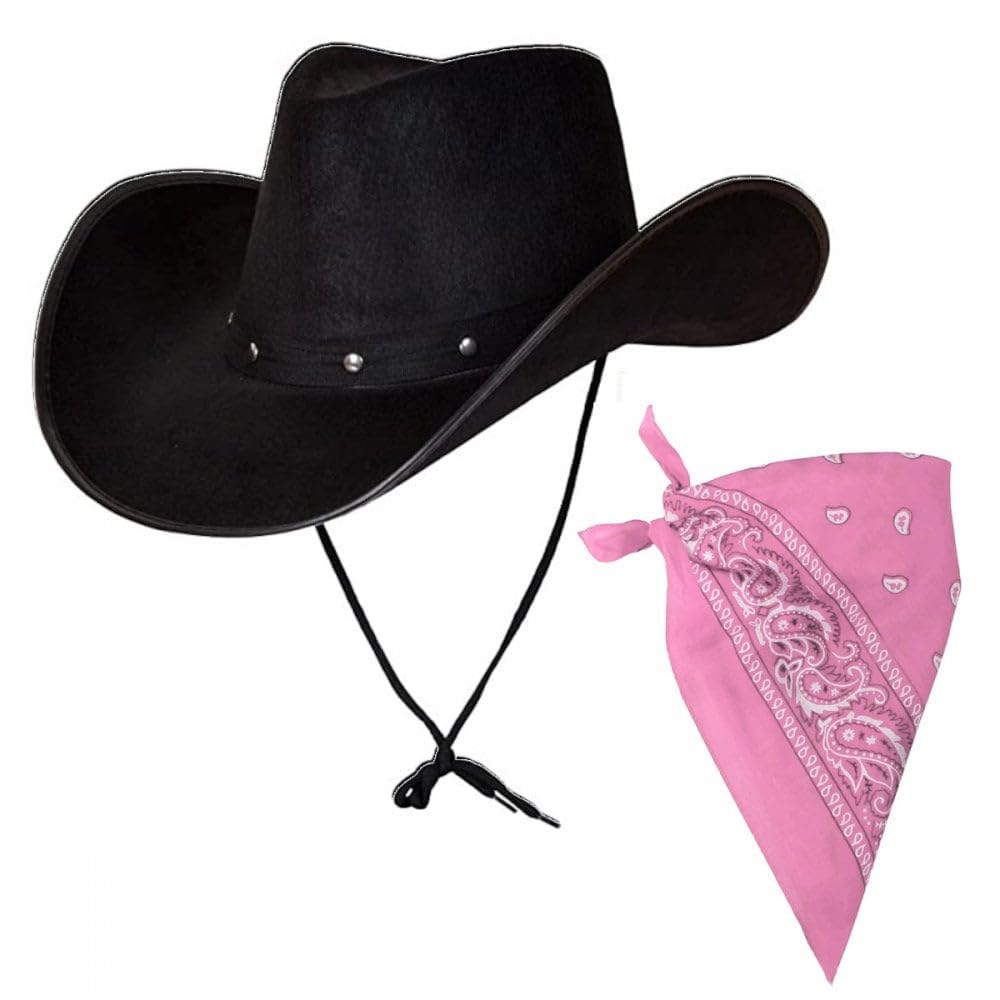 Titch & Timbo Black Texan Cowboy Hat + Bandana Set : Adult Mens Womens Western Wild West Rodeo Barn Dance Cowgirl Music Festival Pop Tour Fancy Dress Accessory (Paisley Bandana, Baby Pink Bandana)