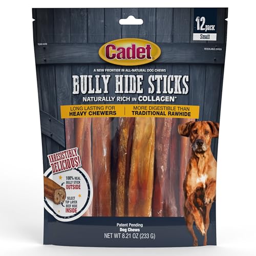 Cadet Bully Hide Sticks for Small Dogs, All-Natural Beef Pizzle, Limited-Ingredient Long-Lasting Dog Chews for Aggressive Chewers, 12 Count
