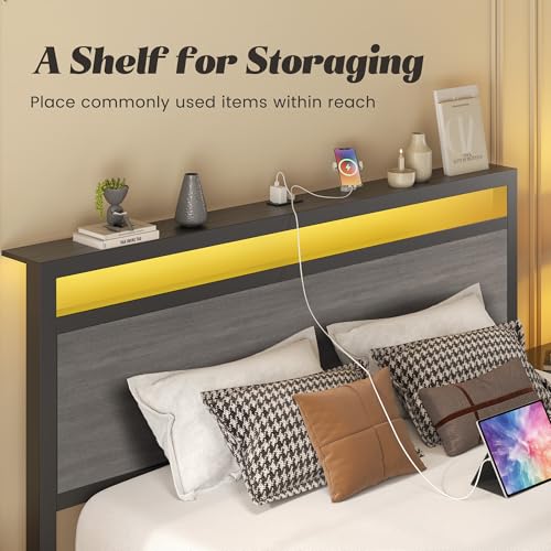Image of Fluest Full Bed Frame with Headboard & Footboard, Full Bed Frame with Built-in Charging Station & LED Light, Storage Shelf, Noise-Free, No Box Spring Needed, Easy Assembly, Rustic Grey