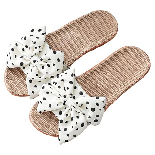 Womens Cozy Indoor Linen Home Slippers Non-Slip Woven Summer Open Toe Bow Sandal Beach Casual Lightweight Breathable Sandals Comfortable Comfort Wedding Vacation Travel Outdoor Slipper
