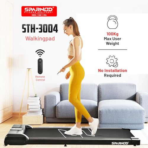 Image of Sparnod Fitness STH-3004 Walking Pad Treadmill for Home Use & Office-Work and Walk, Ready to Use, LED Display, Remote Control, Non-Slip Belt, Shock Reduction, Space-Saving, Bluetooth Speakers