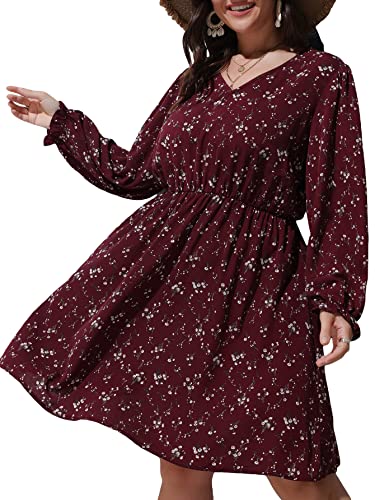 Floerns Robe courte à imprimé floral avec col en V et manches volantées pour femme - Grande taille, Rouge, XXX-Large plus Cover