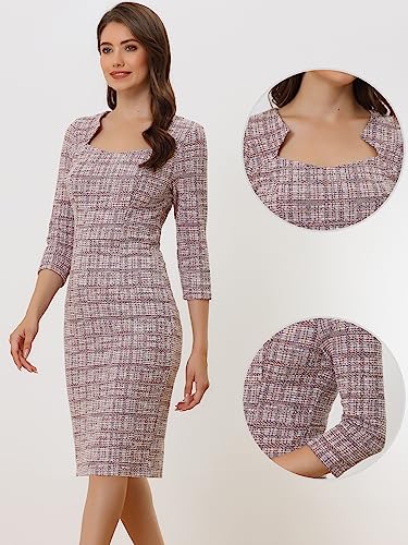 Allegra K Tweed Dress for Women Elegant 3/4 Sleeve Plaid Business Work Bodycon Pencil Dress2