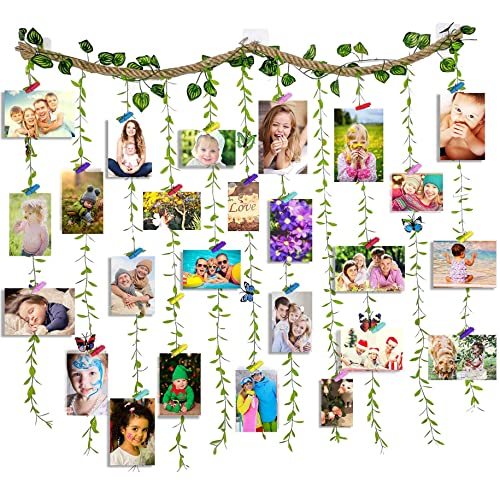Otoevin Hanging Photo Display Wall Decor,Artificial Hemp Rope Vine Tree Plant DIY Picture Photo Frame Collage Set with 40 Colorful Clips and 8 Butterfly Decor，39.3x31.5 Inch