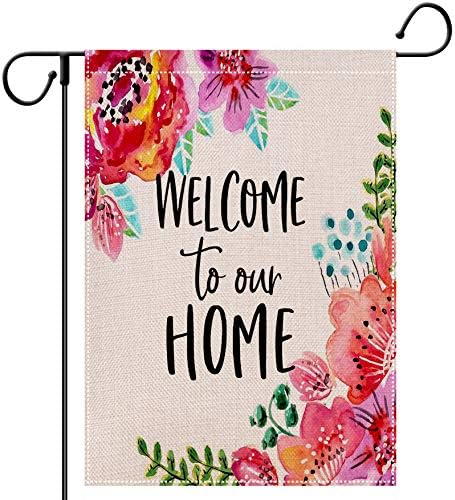 HUGSVIK Burlap Welcome Garden Flags, 12 x 18 Double Sided Vertical Welcome To Our Home Garden Flags, Vintage Spring Summer Flower Yard Flags for Outdoor Garden Yard Decor HUGSVIK Burlap Welcome Garden Flags, 12 x 18 Double Sided Vertical Welcome To Our Home Garden Flags, Vintage Spring Summer Flower Yard Flags for Outdoor Garden Yard Decor
