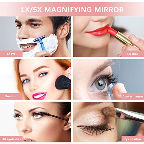 Led Lighted Compact Mirror, 1X/5X Magnification Sensing Lighting Travel Makeup Mirror, 4.05 Inch Brightness Adjustable Handheld 2-Sided Mirror, Folding Travel Mirror For Handbag, Purse, Pocket, Pink #TOP5
