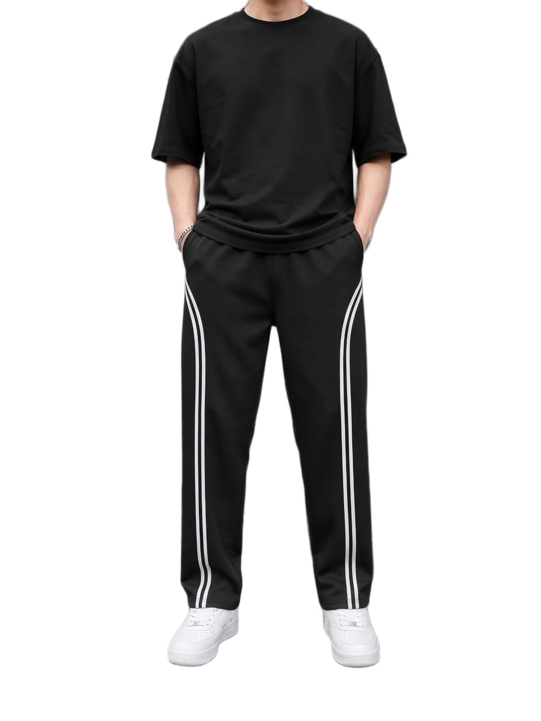 Men's Black Jogger Pajama – Elastic Waist, White Side Stripe Design-image-22