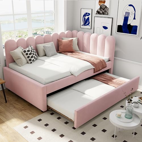 EINHOM Schlafsofa Polsterbett 140x200 cm, L-förmiges Tagesbett mit Ausziehbett und Geblümter Rückenlehne, Samtstoff, Lattenrost, Ohne Matratze (Rosa)