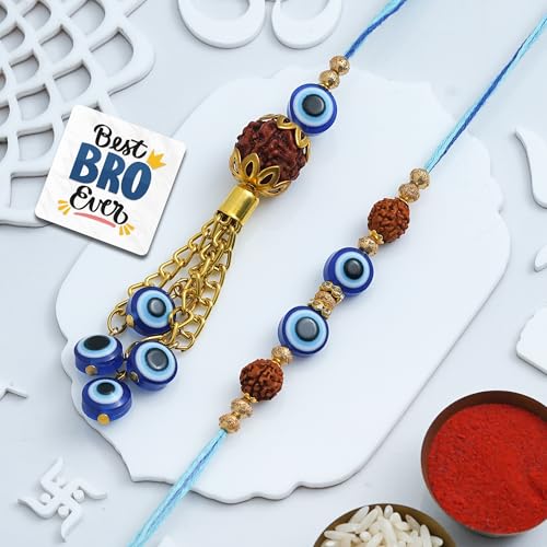 Image of eCraftIndia Evil Eye Rudraksha Designer Bhaiya Bhabhi Rakhis with Best Bro Ever Fridge Magnet | Set of 2 Rakhi for Brother and Bhabhi | Lumba Rakhi | Roli Chawal Pack