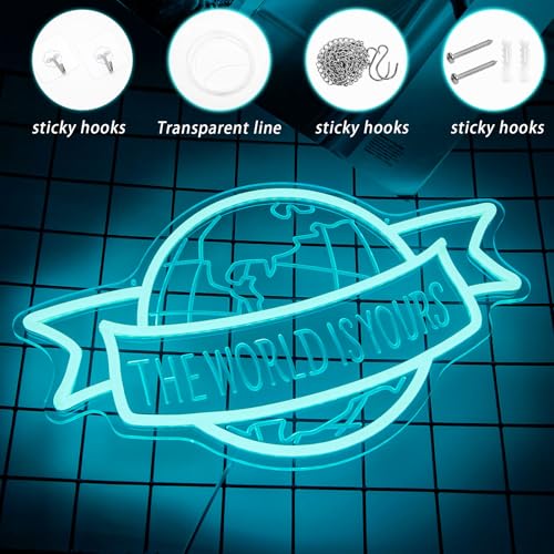 Image of The World Is Yours Neon Sign Motivational Blue LED Neon Light for Classroom | Dimmable Motivational Neon Light for Bedroom Man Cave Wall Decor Unique Birthday Christmas Gift for Kids, Teens, Adults
