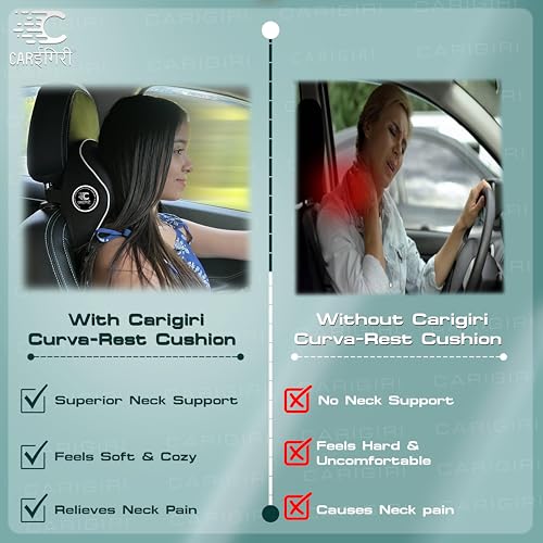 Image of Carigiri CurvaRest Car Neck Rest Pillow|1 Year Warranty|Memory Foam Neck Pillow| Seat Headrest Cushion| Car Neck Pillow for Neck Pain Relief in Office,Driving(Medium,Black,White Hemming,Pack of 1)