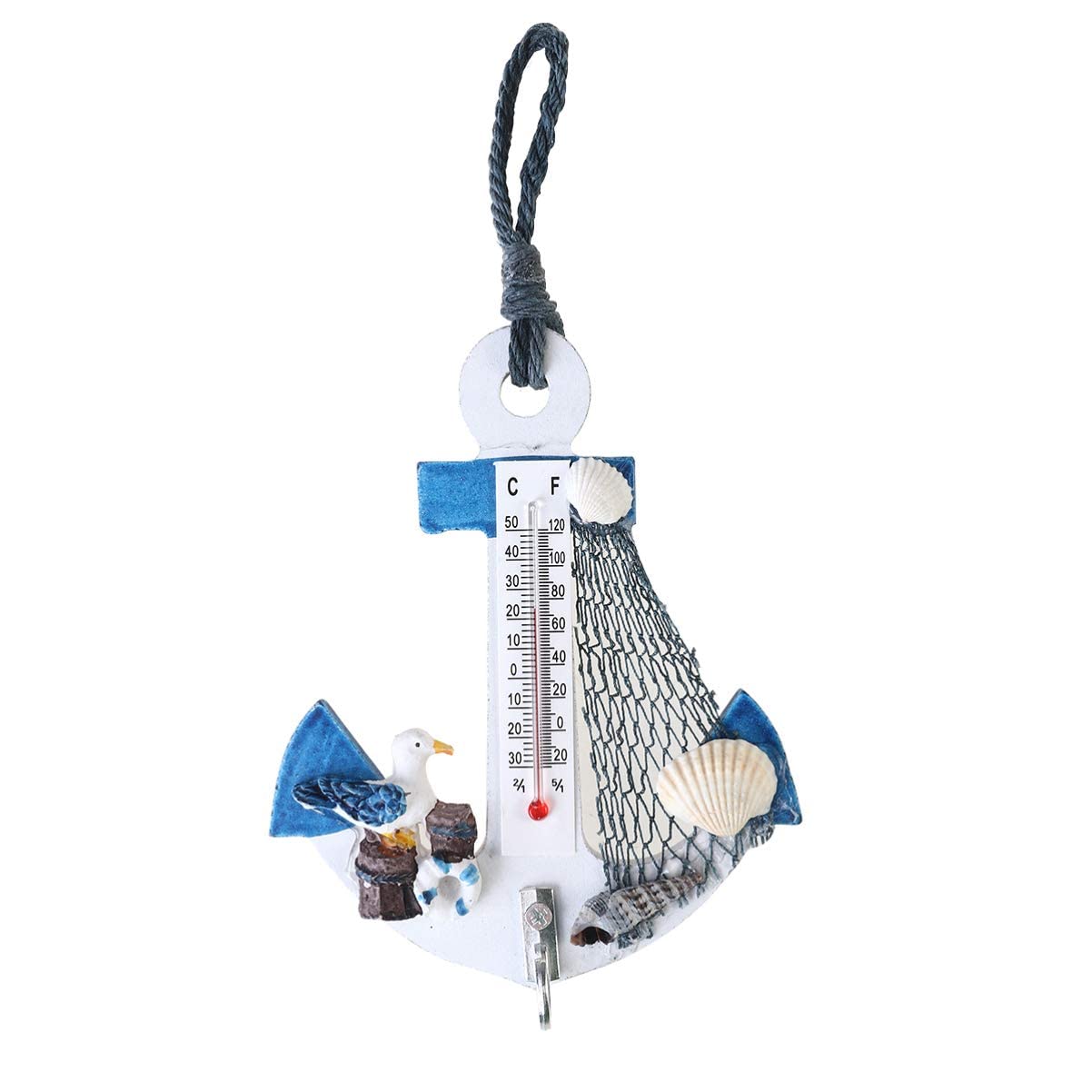 POOWOWooden Anchor Wall Hanging Ornament Anchor Wall Hook Mini Thermometer Shoreside Nautical Beach Themed Decor (Random Pattern)