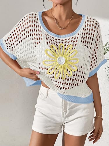 Image of OCSTRADE Summer Crochet Tops for Women Boho Crop Hollow Out Sweaters Beach Vacation Knit Cover Ups