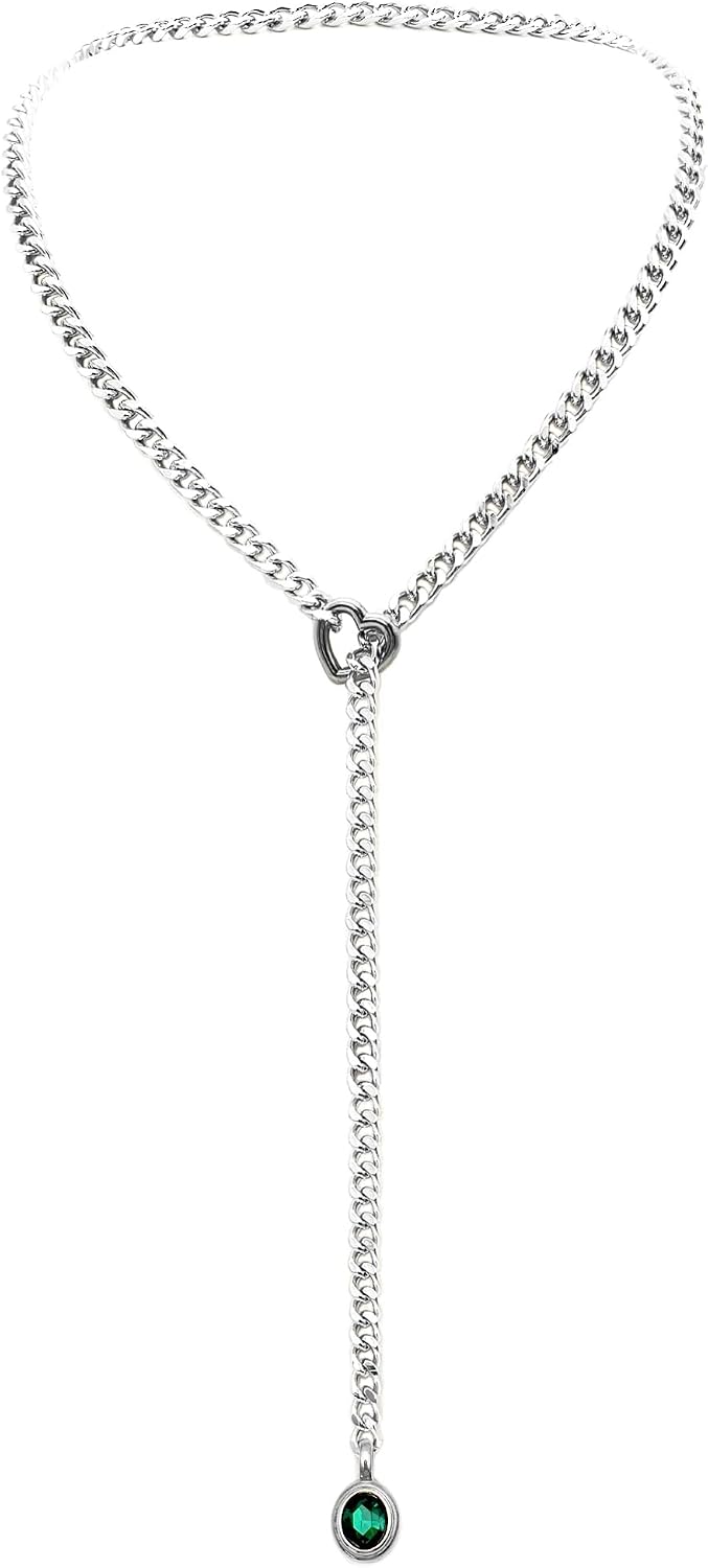 Heart Slip Chain Necklace for Women, Gold Cuban Chain with Removable Heart O-Ring, Sparkling Crystal Pendant, Adjustable Y-Necklace, Dainty Statement Jewelry.