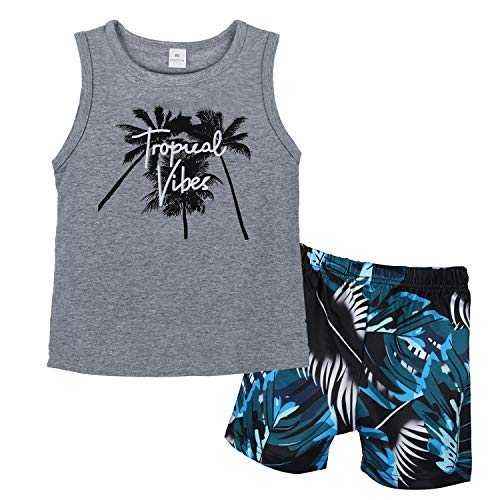 2Pcs Baby Boys Summer Clothes Sets, Cute Letters Print Tank Tops T-Shirt + Pants Shorts Outfits (Sleeveless Palm Grey 18-24months)
