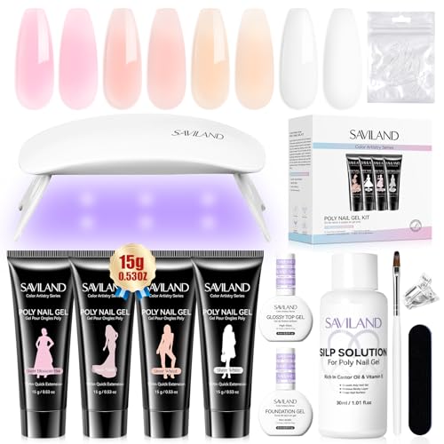 SAVILAND Poly Nail Gel Kit: All-in-1 Polygel Nail Kit with U V Lamp Light Quick Dry Slip Solution 4 Colors Sheer Nude Pink White Long-Wear Jelly Nails Extensions for Beginner Starter DIY Nail Art