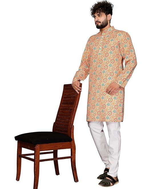 Image of LookMark Men's Cotton Blend Printed Long Kurta Suitable for All Indian Wedding, Occasions, and Festivals